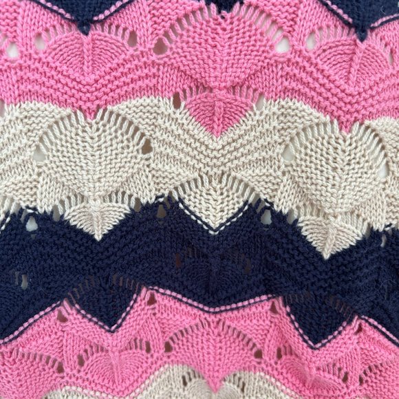 LAURIE FELT Pointelle Knit Belted Duster Cardigan  Navy Pink Beige SZ MP - Picture 7 of 13